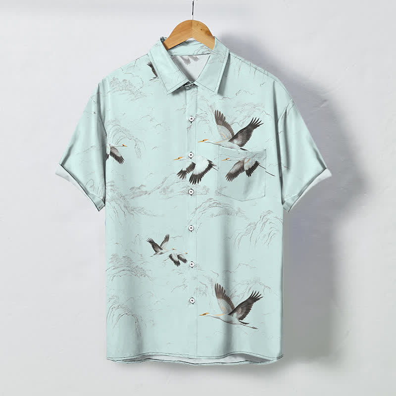 Nimara Ritual Ink Landscape Crane Mountain Ranges Pattern Buttons Breathable Men's Short Sleeve Shirt