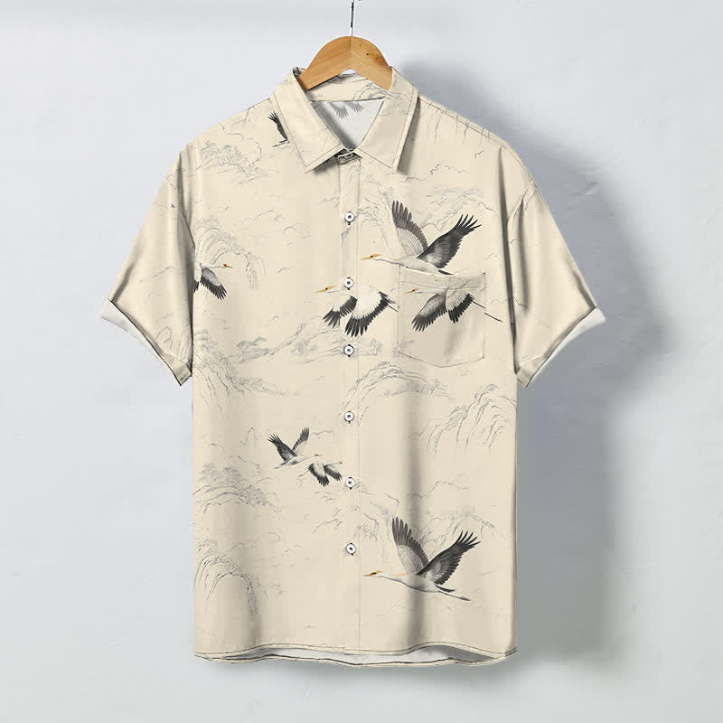 Nimara Ritual Ink Landscape Crane Mountain Ranges Pattern Buttons Breathable Men's Short Sleeve Shirt