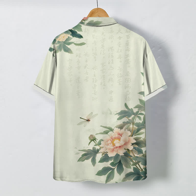 Nimara Ritual Pink Peony Leaf Dragonfly Pattern Buttons Breathable Men's Short Sleeve Shirt