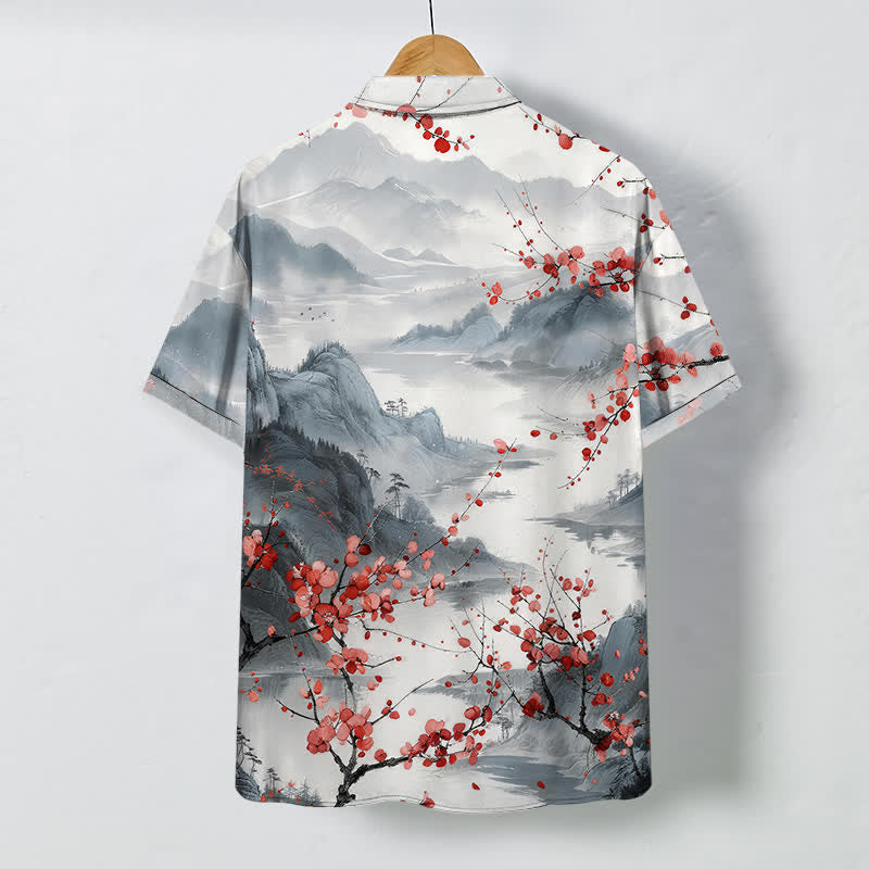 Nimara Ritual Ink Landscape Red Blossom Mountains Pattern Buttons Breathable Men's Short Sleeve Shirt