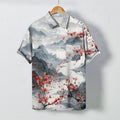 Nimara Ritual Ink Landscape Red Blossom Mountains Pattern Buttons Breathable Men's Short Sleeve Shirt
