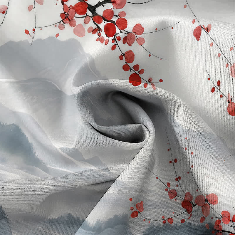 Nimara Ritual Ink Landscape Red Blossom Mountains Pattern Buttons Breathable Men's Short Sleeve Shirt