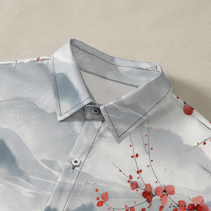Nimara Ritual Ink Landscape Red Blossom Mountains Pattern Buttons Breathable Men's Short Sleeve Shirt