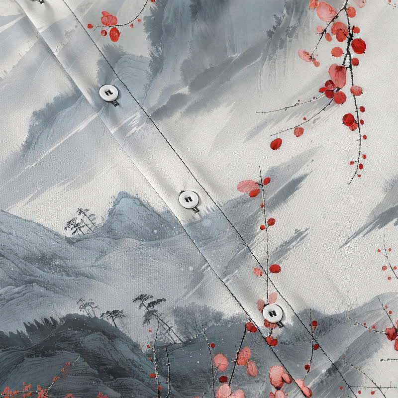 Nimara Ritual Ink Landscape Red Blossom Mountains Pattern Buttons Breathable Men's Short Sleeve Shirt