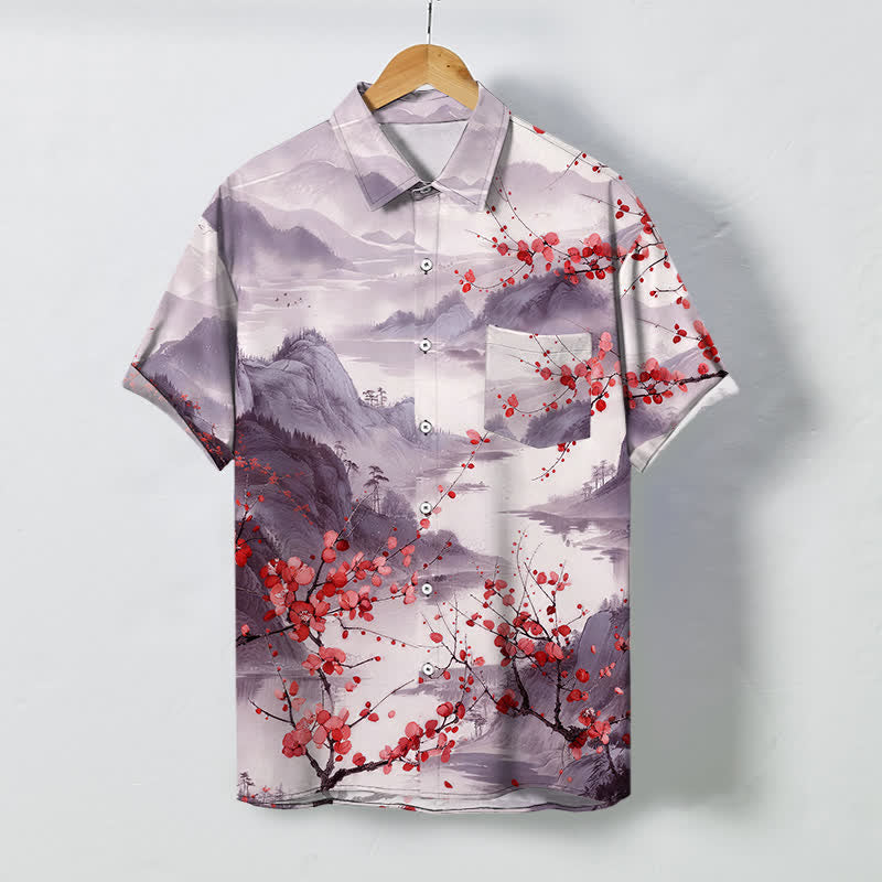 Nimara Ritual Ink Landscape Red Blossom Mountains Pattern Buttons Breathable Men's Short Sleeve Shirt