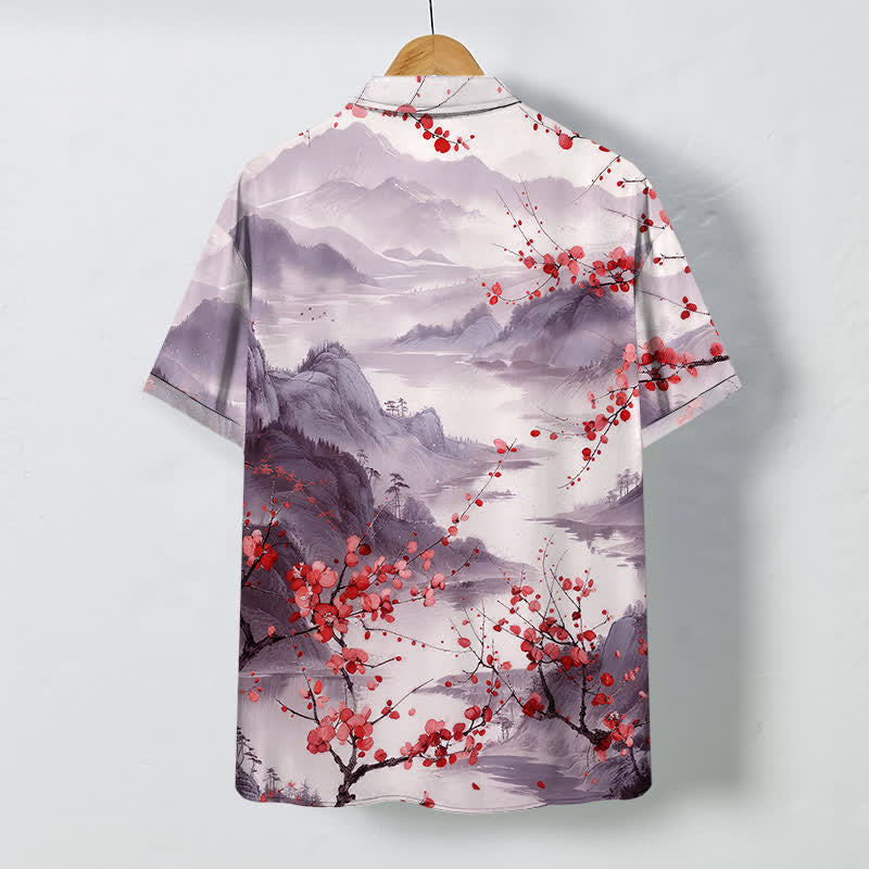 Nimara Ritual Ink Landscape Red Blossom Mountains Pattern Buttons Breathable Men's Short Sleeve Shirt