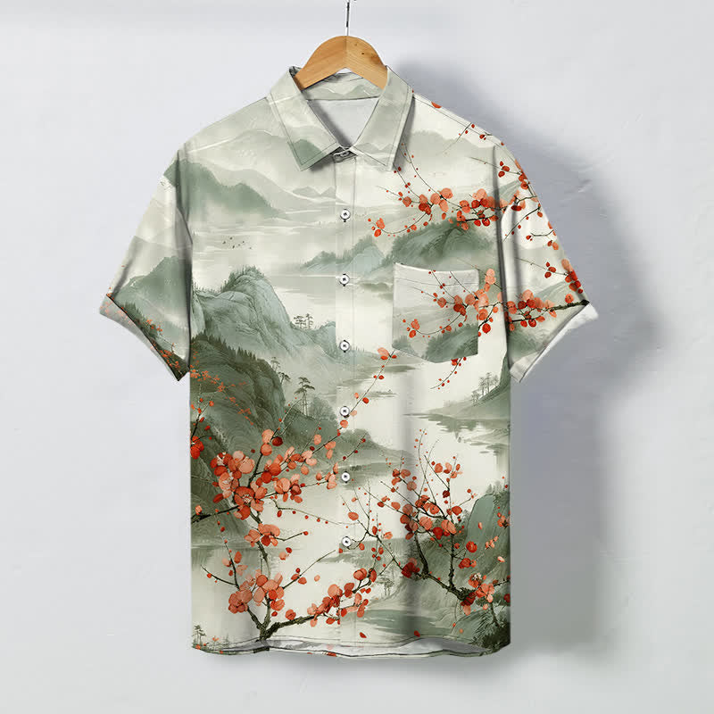 Nimara Ritual Ink Landscape Red Blossom Mountains Pattern Buttons Breathable Men's Short Sleeve Shirt