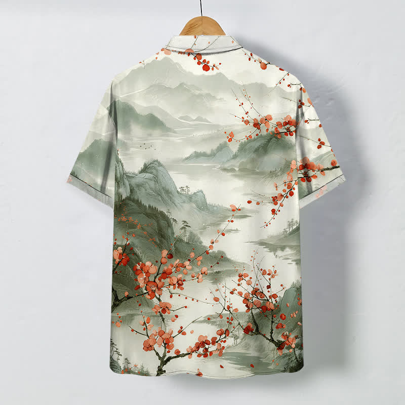 Nimara Ritual Ink Landscape Red Blossom Mountains Pattern Buttons Breathable Men's Short Sleeve Shirt