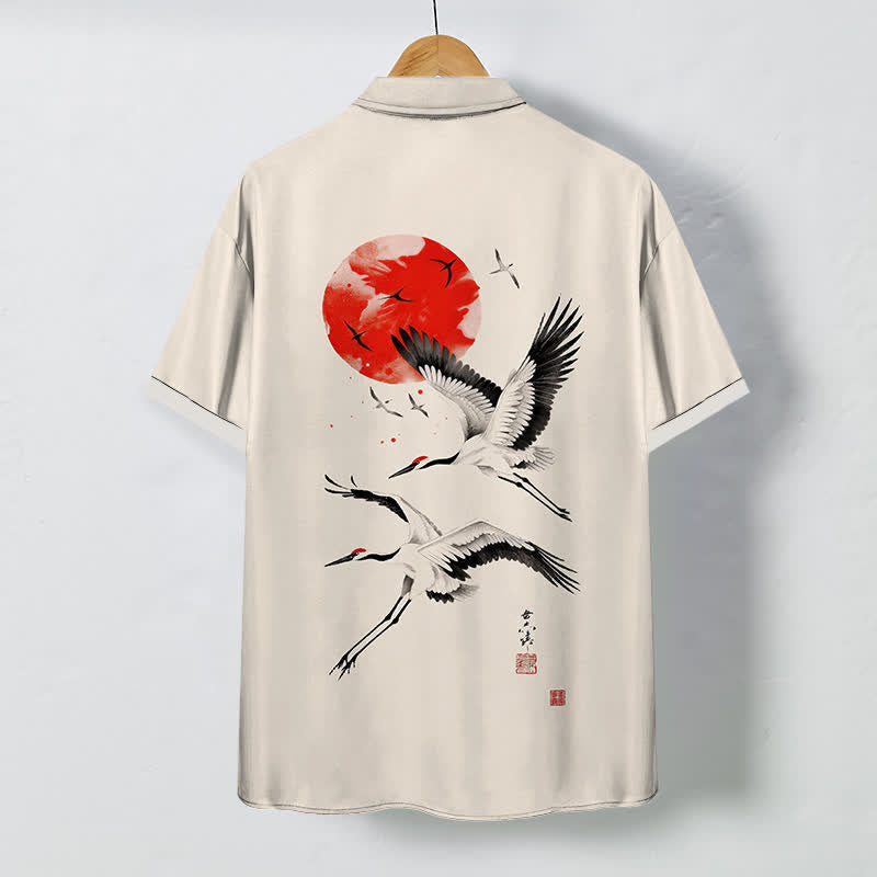 Nimara Ritual Red Sun Flying Crane Pattern Buttons Breathable Men's Short Sleeve Shirt