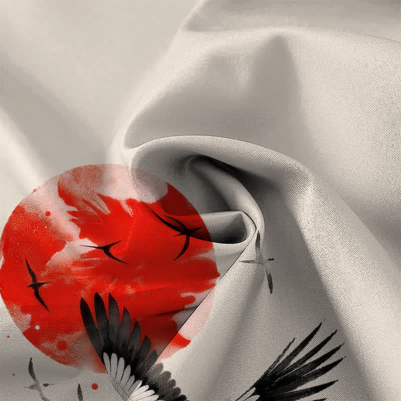 Nimara Ritual Red Sun Flying Crane Pattern Buttons Breathable Men's Short Sleeve Shirt