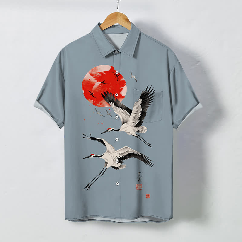 Nimara Ritual Red Sun Flying Crane Pattern Buttons Breathable Men's Short Sleeve Shirt