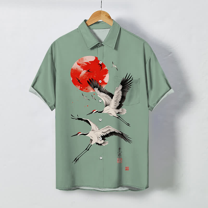 Nimara Ritual Red Sun Flying Crane Pattern Buttons Breathable Men's Short Sleeve Shirt