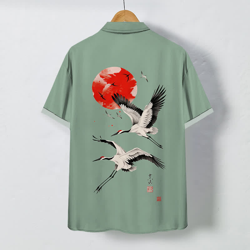 Nimara Ritual Red Sun Flying Crane Pattern Buttons Breathable Men's Short Sleeve Shirt