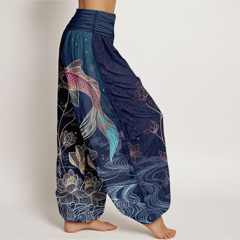 Nimara Ritual Lotus Koi Fish Pattern Women's Elastic Waist Pure Cotton Harem Pants