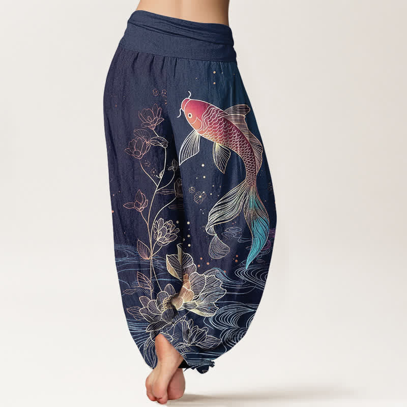 Nimara Ritual Lotus Koi Fish Pattern Women's Elastic Waist Pure Cotton Harem Pants