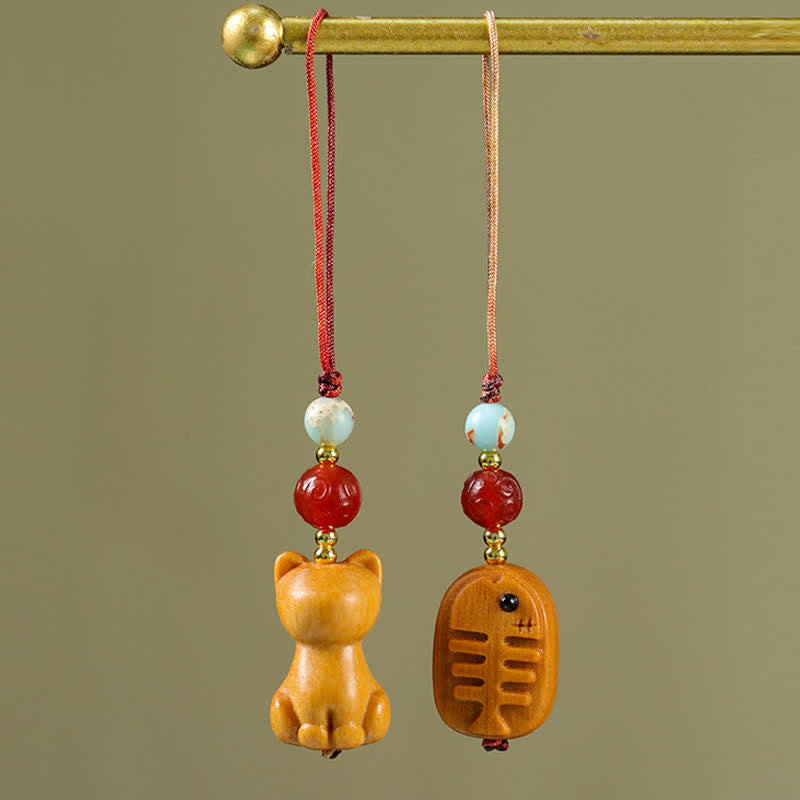 Nimara Ritual Hand Carved Sandalwood Cat Fish Purification Keychains