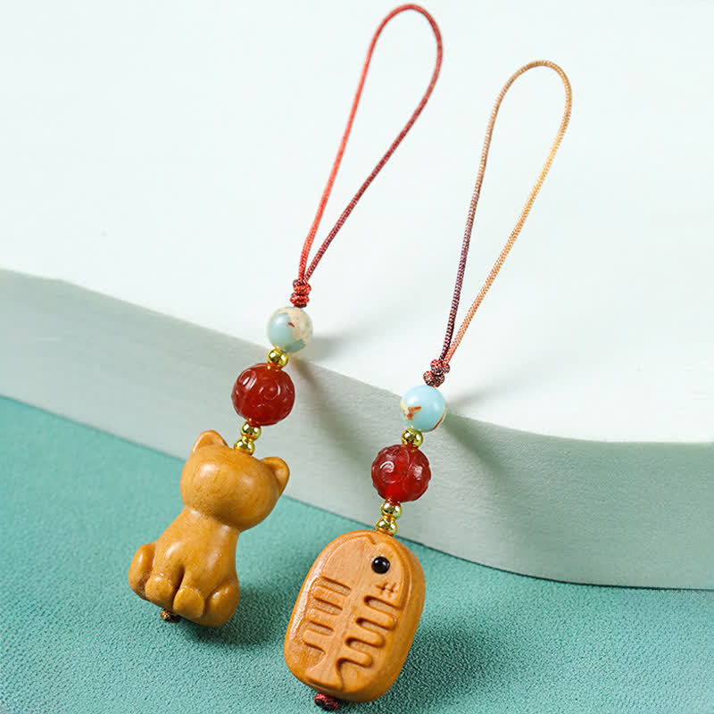 Healing and Calm Hand Carved Sandalwood Cat Fish Keychains