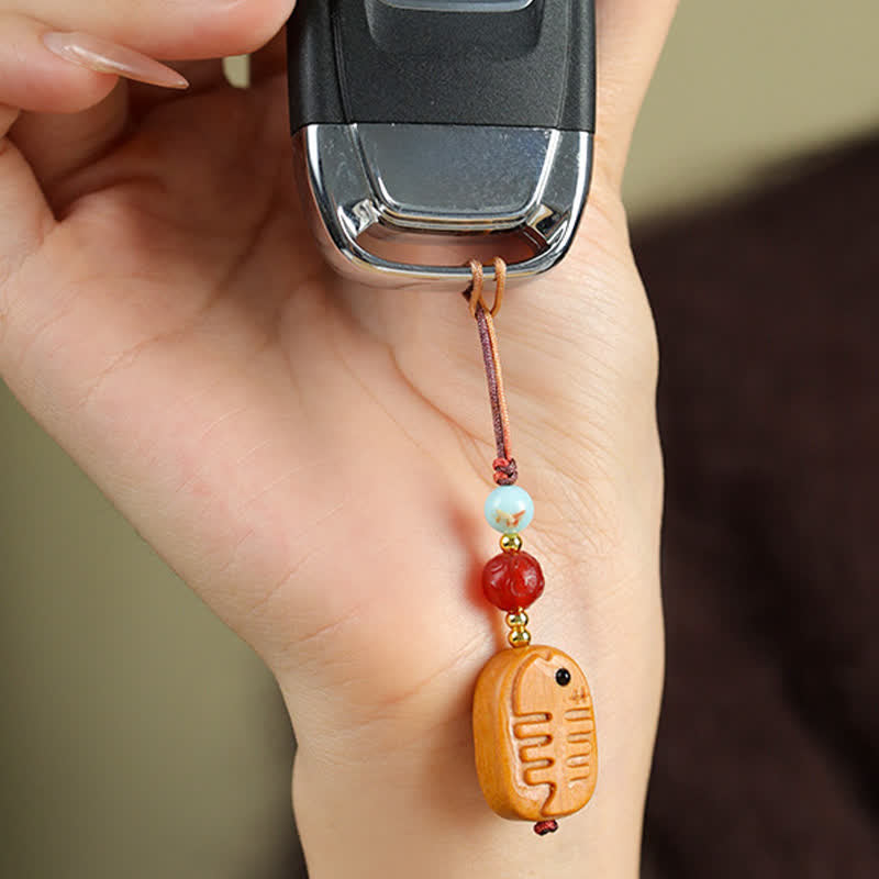 Nimara Ritual Hand Carved Sandalwood Cat Fish Purification Keychains