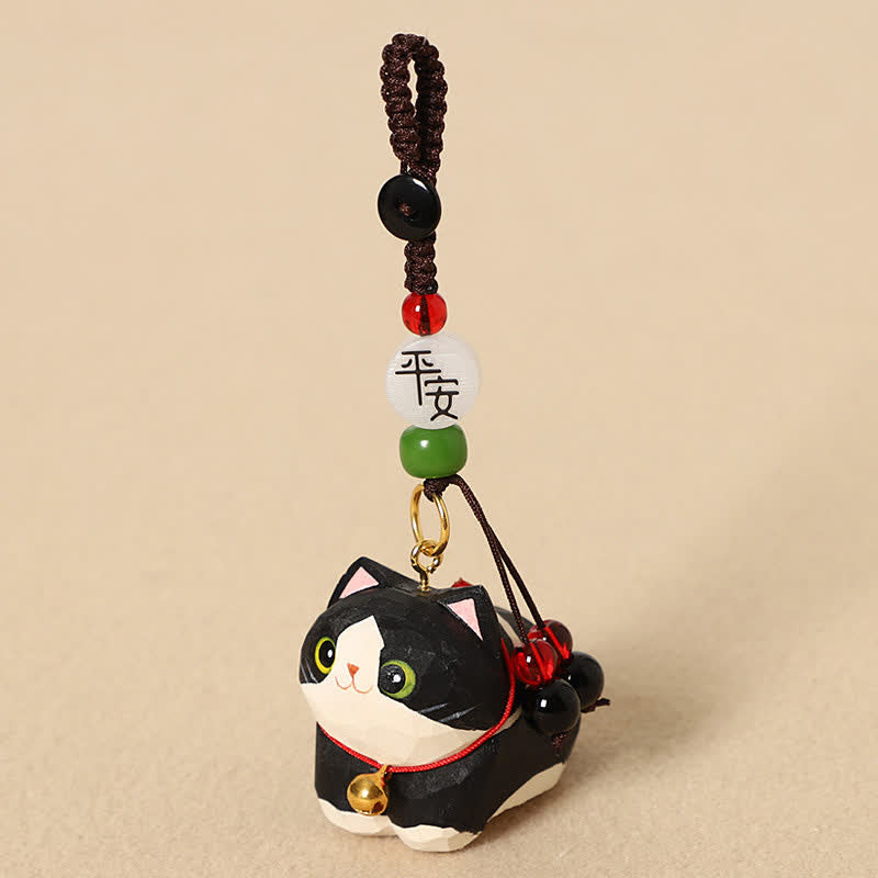 Nimara Ritual Natural Wood Hand-Carved Lying Cat Om Mani Padme Hum Peace Keychains