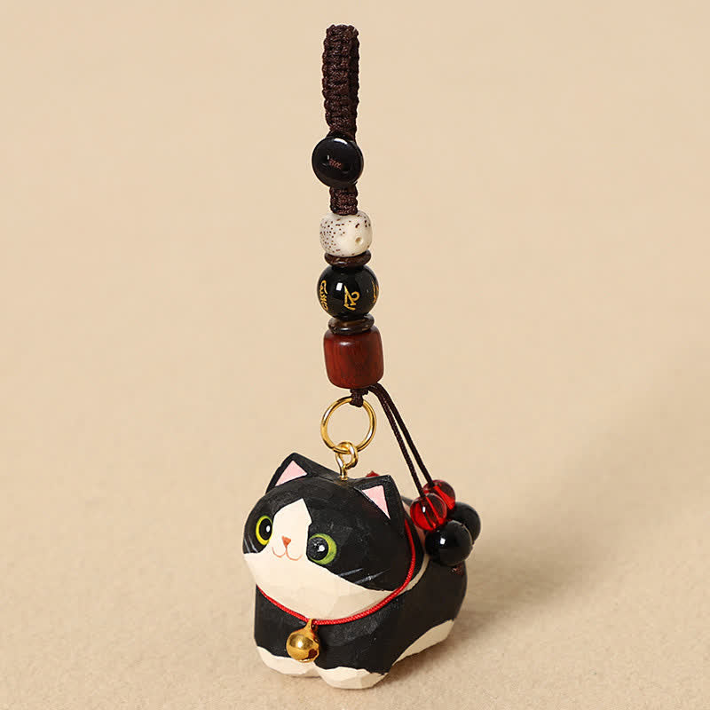 Peace and Calm Energy Natural Wood Hand-Carved Lying Cat Om Mani Padme Hum Keychains
