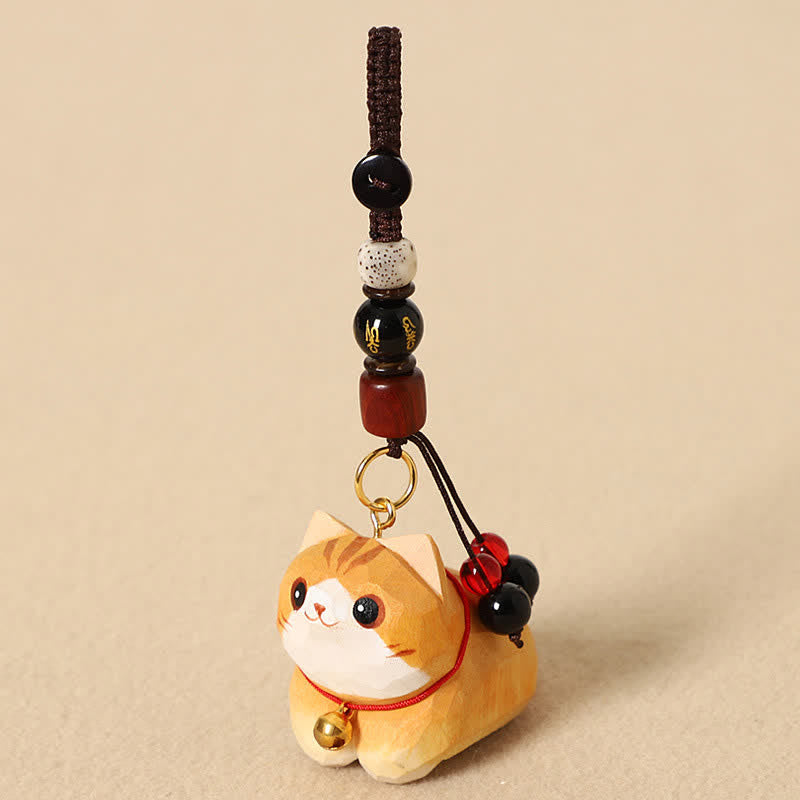 Nimara Ritual Natural Wood Hand-Carved Lying Cat Om Mani Padme Hum Peace Keychains