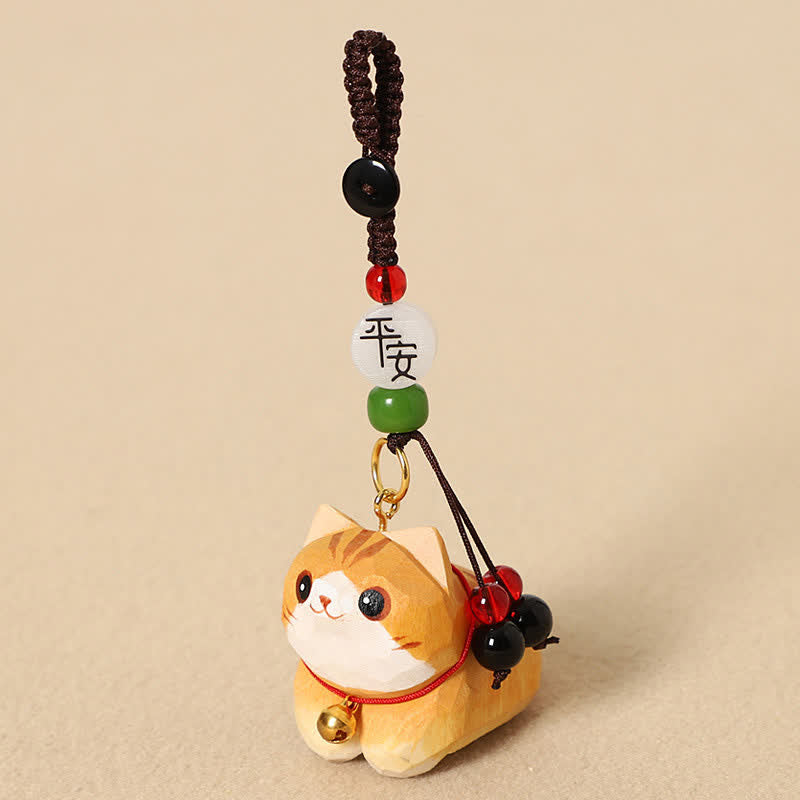 Nimara Ritual Natural Wood Hand-Carved Lying Cat Om Mani Padme Hum Peace Keychains
