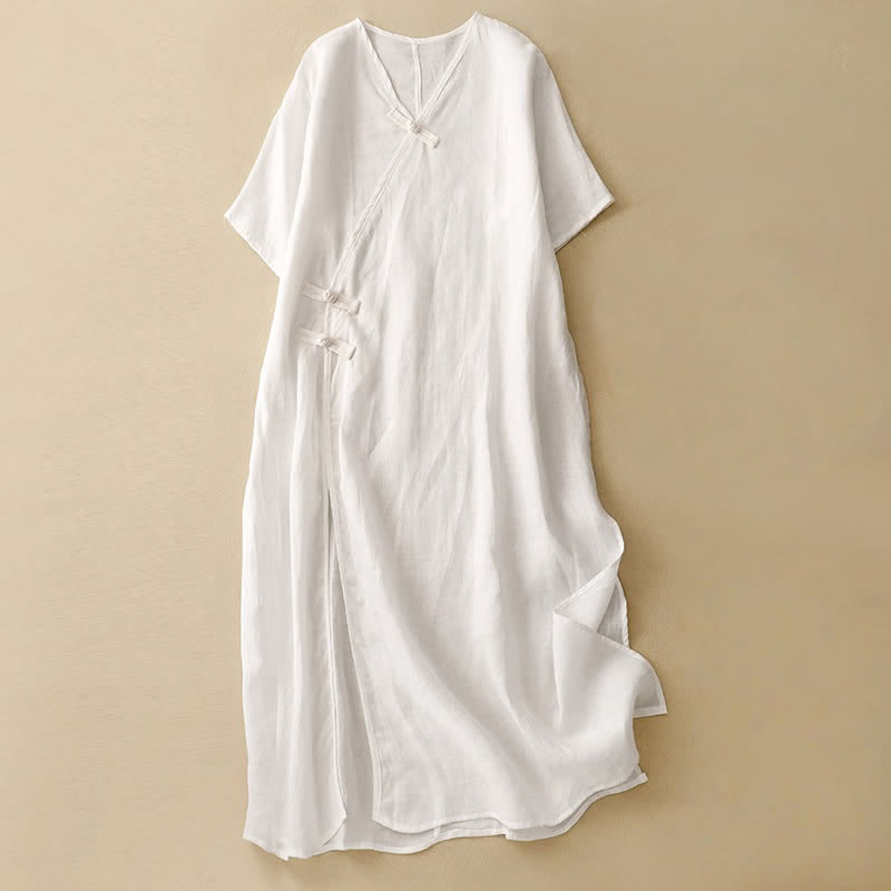 Nimara Ritual Summer V-Neck Frog-Button Short Sleeve Women's Midi Dress