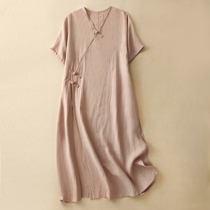 Nimara Ritual Summer V-Neck Frog-Button Short Sleeve Women's Midi Dress