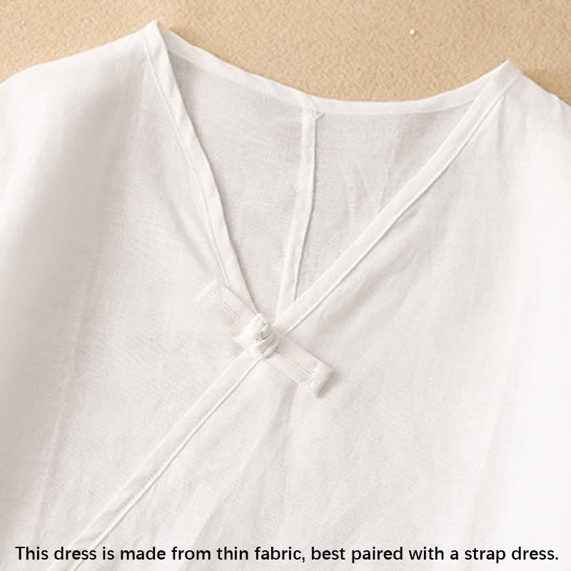 Nimara Ritual Summer V-Neck Frog-Button Short Sleeve Women's Midi Dress