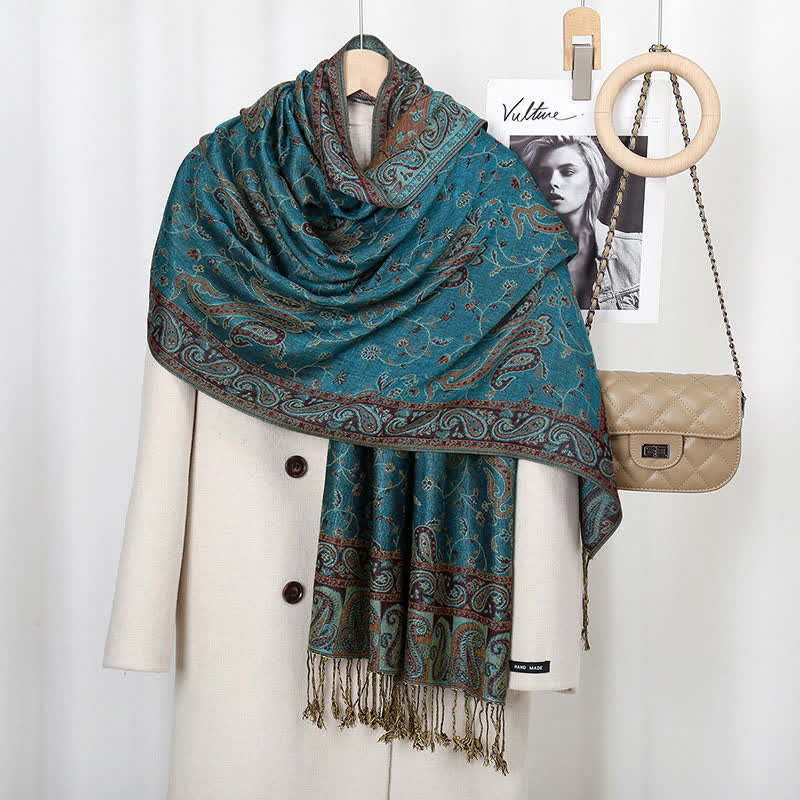 Nimara Ritual Tibetan Cashew Flower Vine Print Tassels Shawl Fall Winter Soft Scarf Wrap