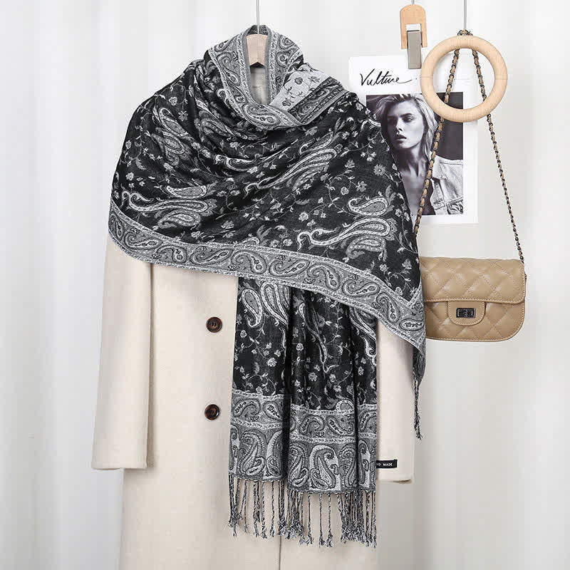 Nimara Ritual Tibetan Cashew Flower Vine Print Tassels Shawl Fall Winter Soft Scarf Wrap