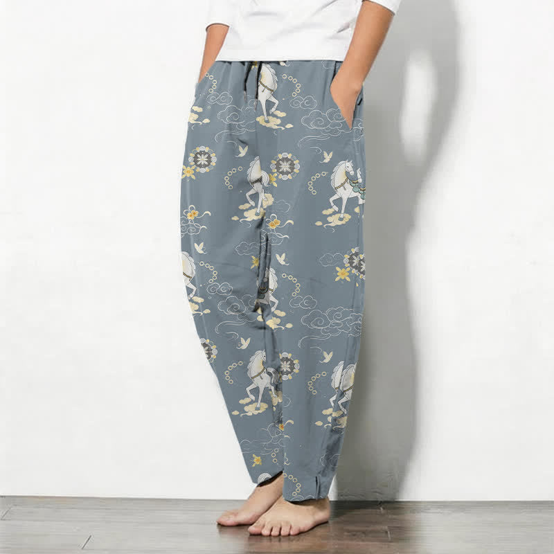 Nimara Ritual Pure Cotton White Horse Cloud Blossom Pattern Drawstring Men's Tapered Pants With Pockets
