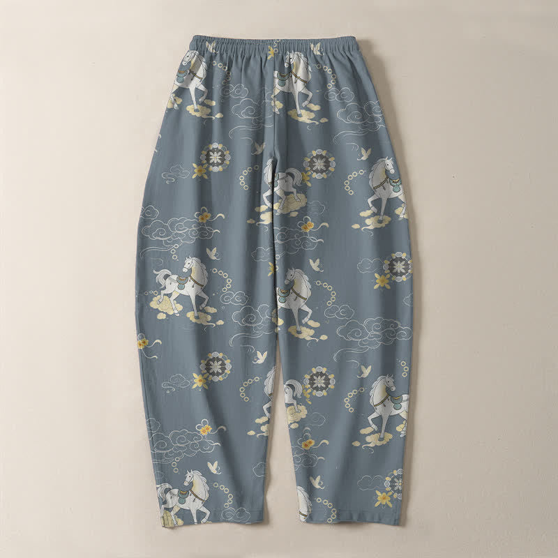 Nimara Ritual Pure Cotton White Horse Cloud Blossom Pattern Drawstring Men's Tapered Pants With Pockets