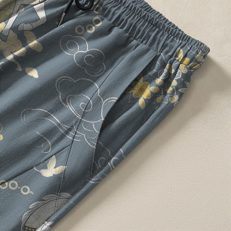 Nimara Ritual Pure Cotton White Horse Cloud Blossom Pattern Drawstring Men's Tapered Pants With Pockets