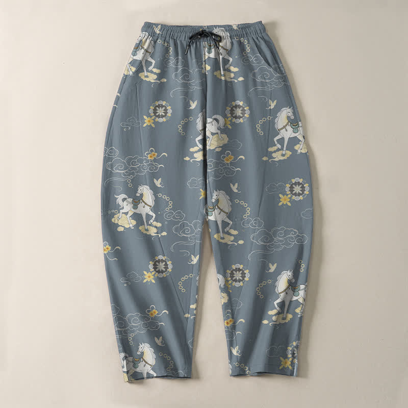 Nimara Ritual Pure Cotton White Horse Cloud Blossom Pattern Drawstring Men's Tapered Pants With Pockets
