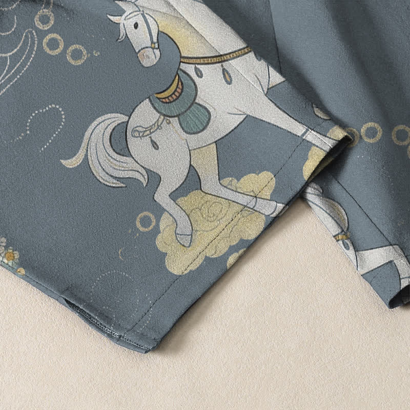 Nimara Ritual Pure Cotton White Horse Cloud Blossom Pattern Drawstring Men's Tapered Pants With Pockets