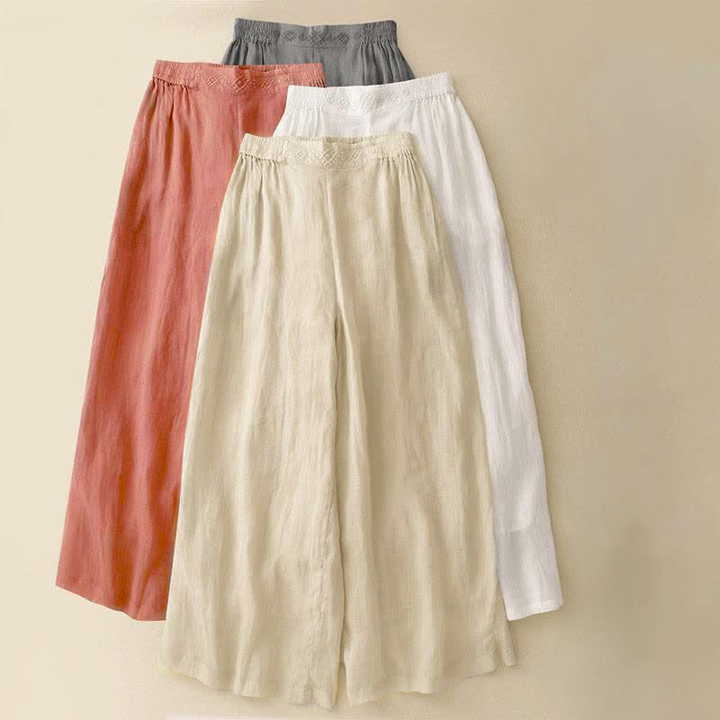 Nimara Ritual Geometric Embroidery Elastic Waist Women's Wide Leg Pants With Pockets