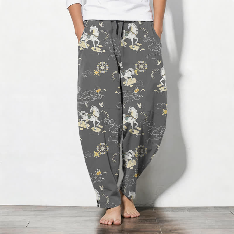 Nimara Ritual Pure Cotton White Horse Cloud Blossom Pattern Drawstring Men's Tapered Pants With Pockets