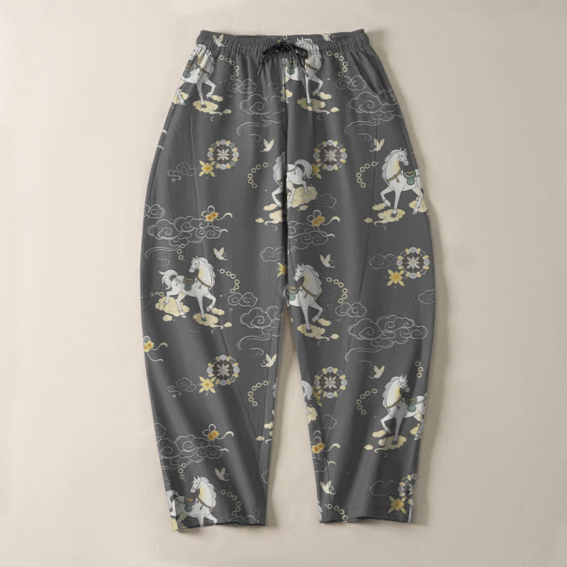 Nimara Ritual Pure Cotton White Horse Cloud Blossom Pattern Drawstring Men's Tapered Pants With Pockets