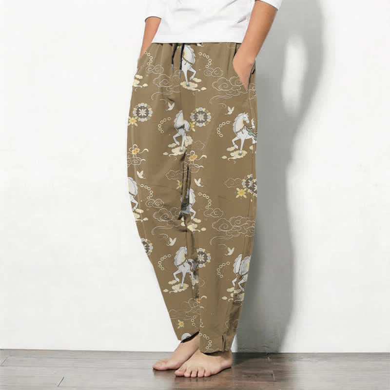 Nimara Ritual Pure Cotton White Horse Cloud Blossom Pattern Drawstring Men's Tapered Pants With Pockets