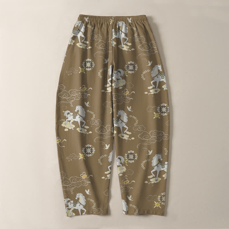 Nimara Ritual Pure Cotton White Horse Cloud Blossom Pattern Drawstring Men's Tapered Pants With Pockets