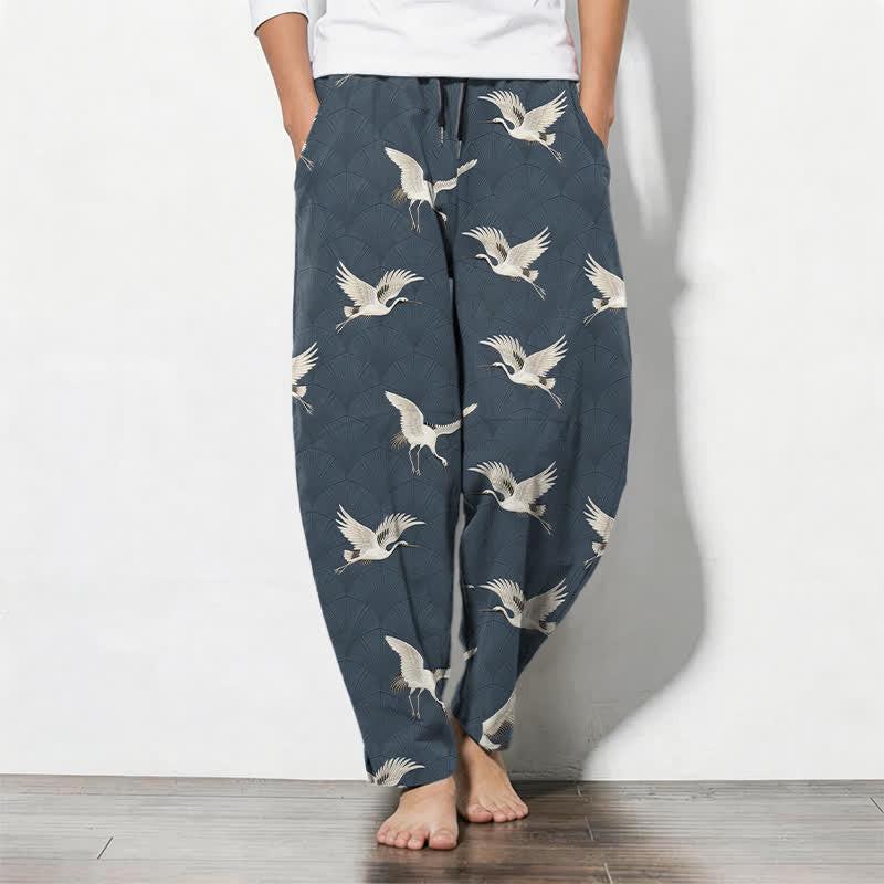 Nimara Ritual Pure Cotton Flying White Crane Pattern Drawstring Men's Tapered Pants With Pockets