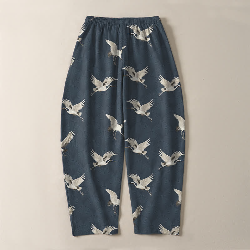 Nimara Ritual Pure Cotton Flying White Crane Pattern Drawstring Men's Tapered Pants With Pockets