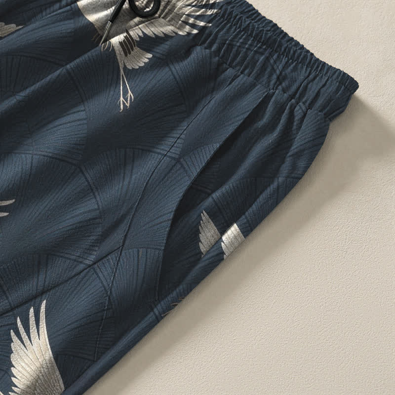 Nimara Ritual Pure Cotton Flying White Crane Pattern Drawstring Men's Tapered Pants With Pockets