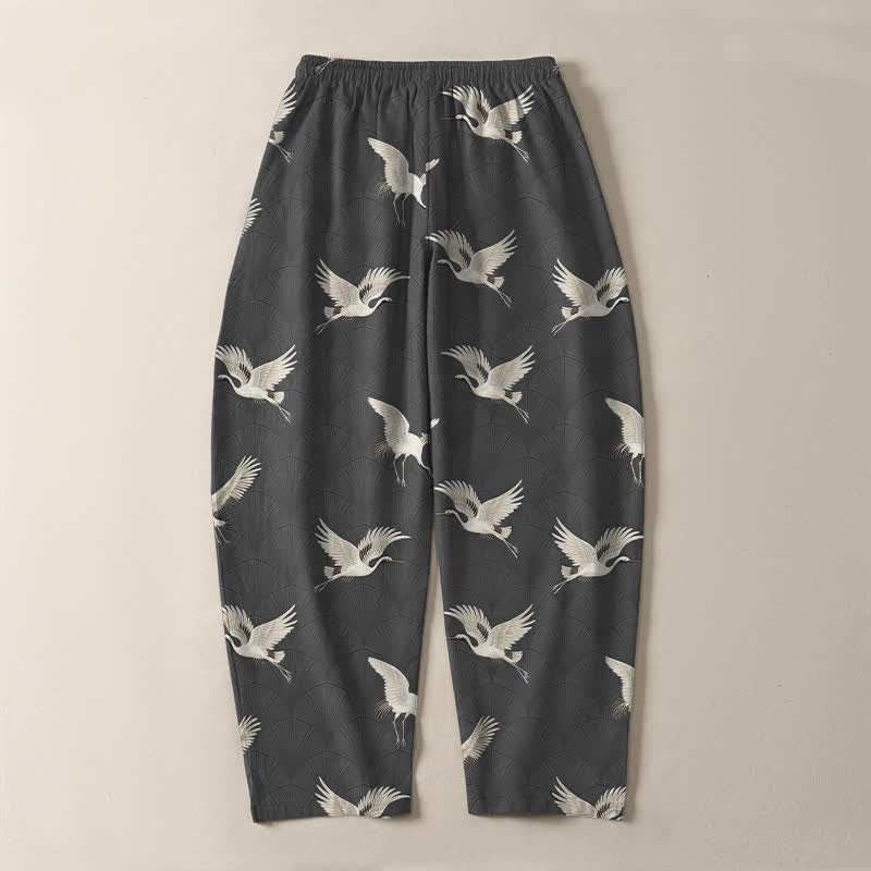 Nimara Ritual Pure Cotton Flying White Crane Pattern Drawstring Men's Tapered Pants With Pockets