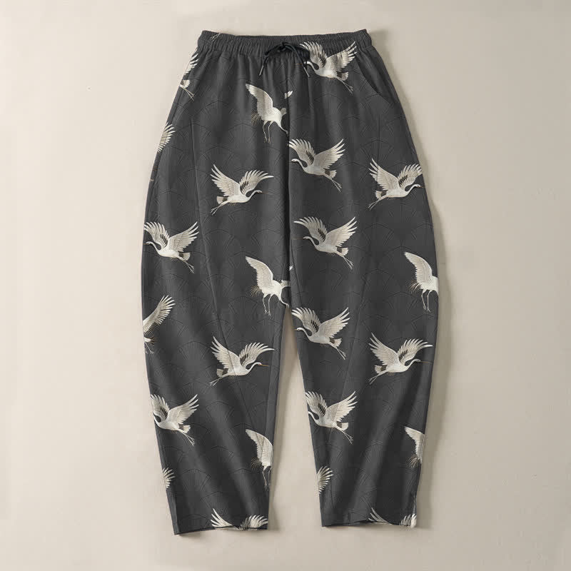 Nimara Ritual Pure Cotton Flying White Crane Pattern Drawstring Men's Tapered Pants With Pockets