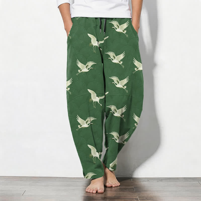 Nimara Ritual Pure Cotton Flying White Crane Pattern Drawstring Men's Tapered Pants With Pockets