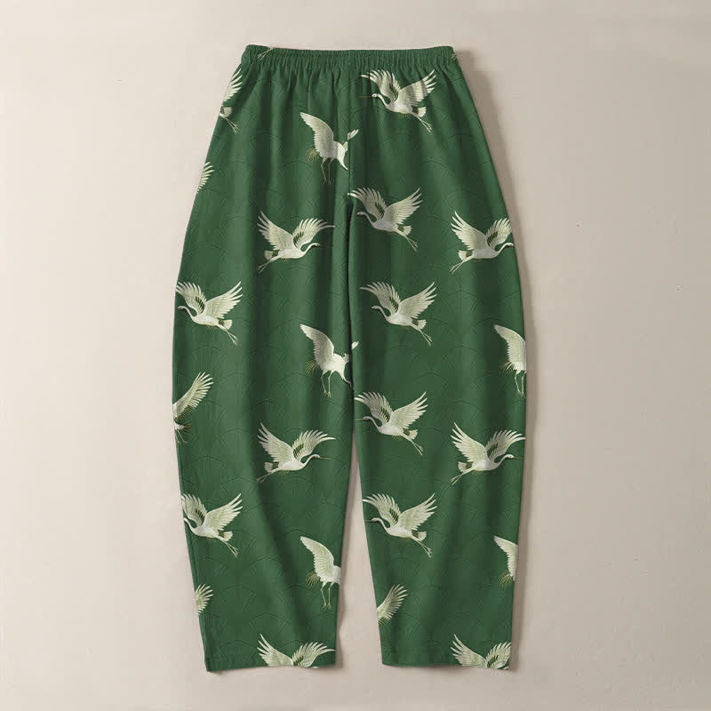 Nimara Ritual Pure Cotton Flying White Crane Pattern Drawstring Men's Tapered Pants With Pockets