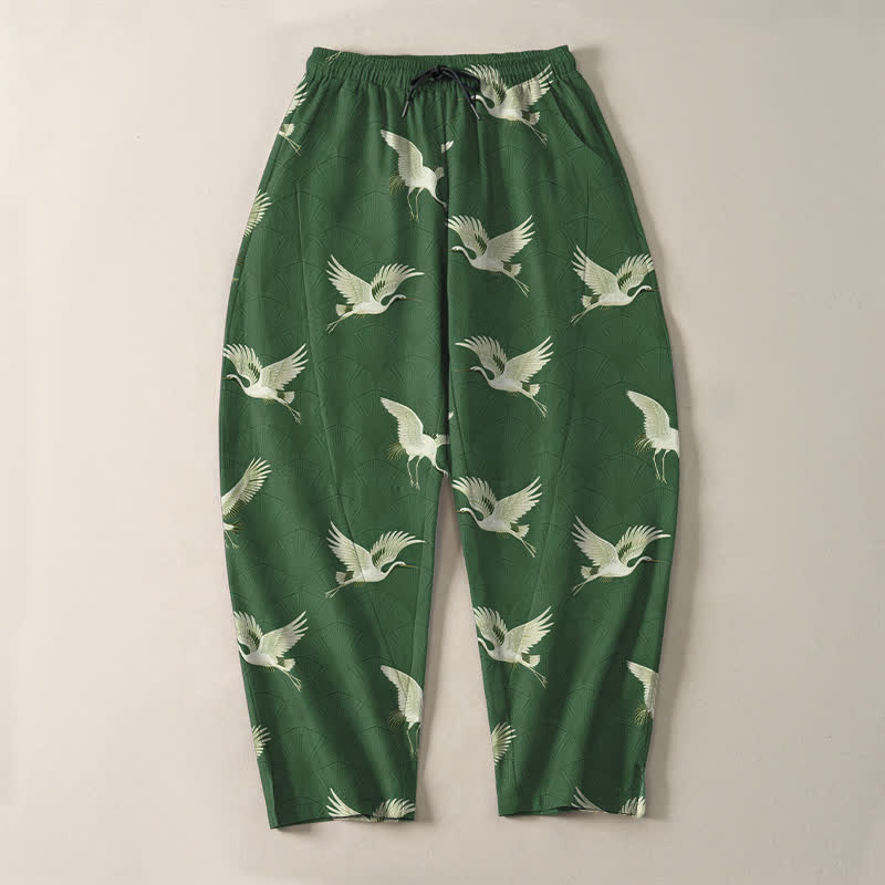 Nimara Ritual Pure Cotton Flying White Crane Pattern Drawstring Men's Tapered Pants With Pockets