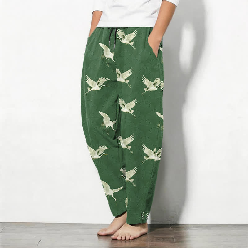 Nimara Ritual Pure Cotton Flying White Crane Pattern Drawstring Men's Tapered Pants With Pockets